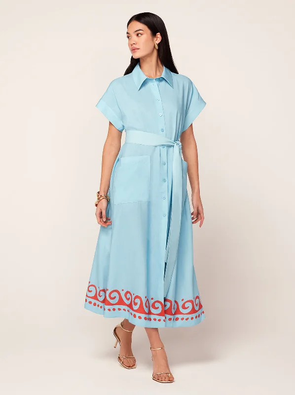 Spaghetti Strap DressAlessandra Blue Wave Print Midi Shirt Dress