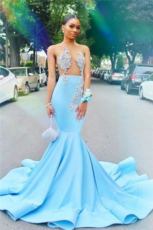 Retro DressMermaid Sheer Tulle Sexy Prom Dresses for Juniors | Crystals Sky Blue Evening Gowns gh2426