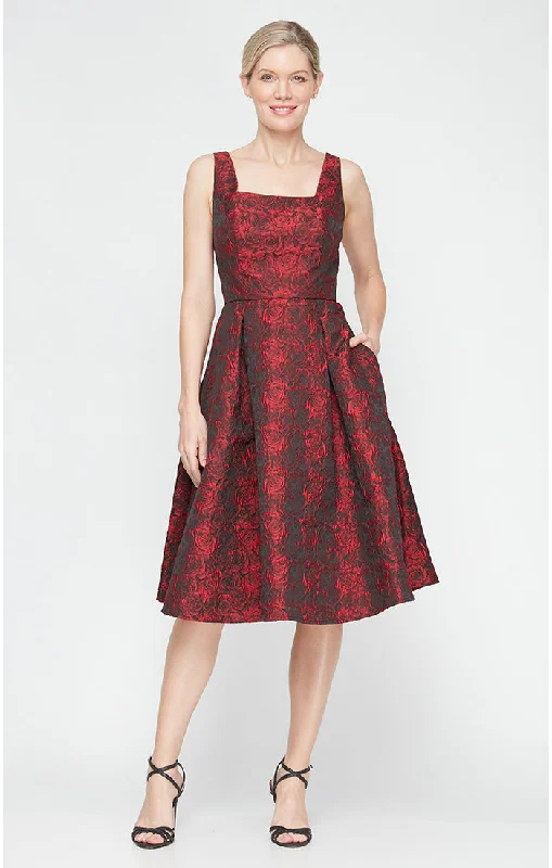 Bridesmaid DressMidi Printed Jacquard Dress with Square Neckline & Full Skirt