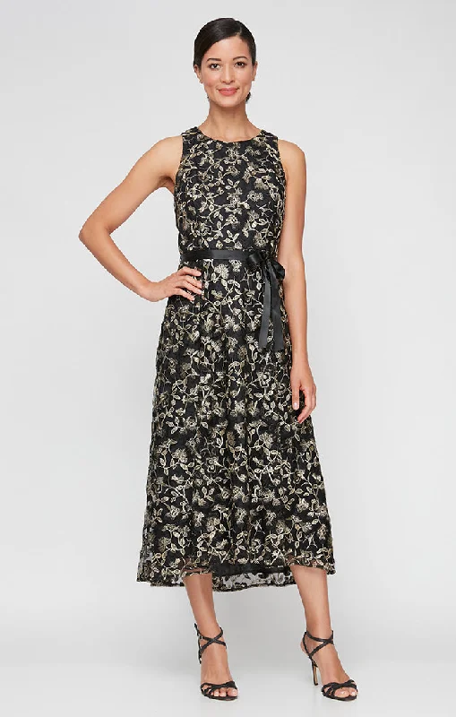 Sheath DressMidi Embroidered Sleeveless Dress with High/Low Hem & Tie Belt