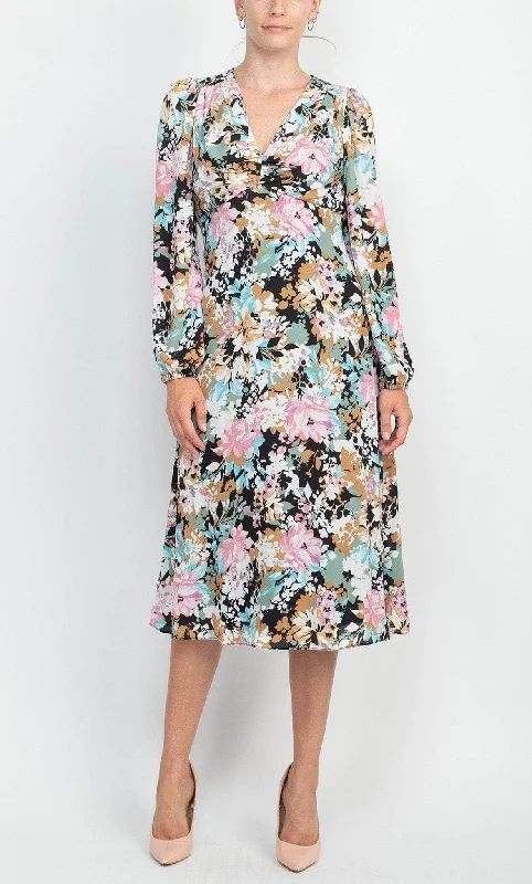 Statement DressLondon Times T6080M - Printed Floral Empire Midi Dress