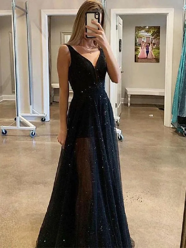 Spaghetti Strap DressCustom Made A Line V Neck Sparkly Sequins Black Long Prom Dresses,Black V Neck Sequins Long Evening Dresses  gh2292