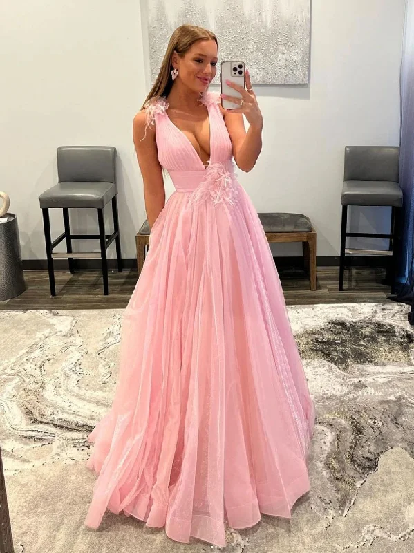 Velvet DressPink v neck tulle long prom dress, pink tulle evening dress gh2498