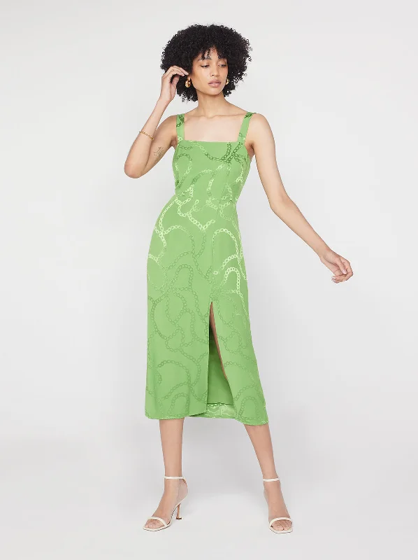 women's bell-sleeved dressesMara Green Chain Jacquard Midi Dress