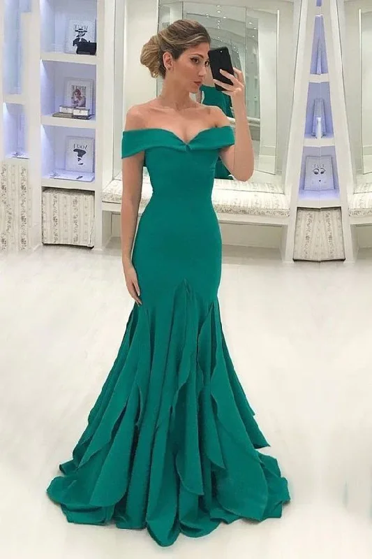 women's wrinkle-resistant dressesGreen Off Shoulder Sleeveless Satin Prom Dresses Mermaid Evening Dresses  gh2368