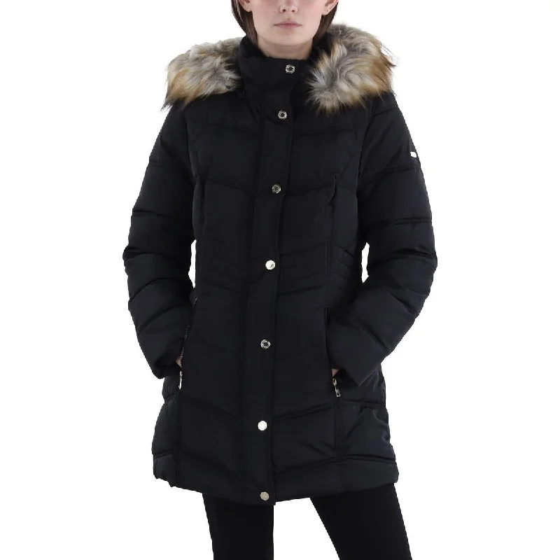 women's coats with military-inspired designsWomens Faux Fur Trim Hooded Puffer Jacket