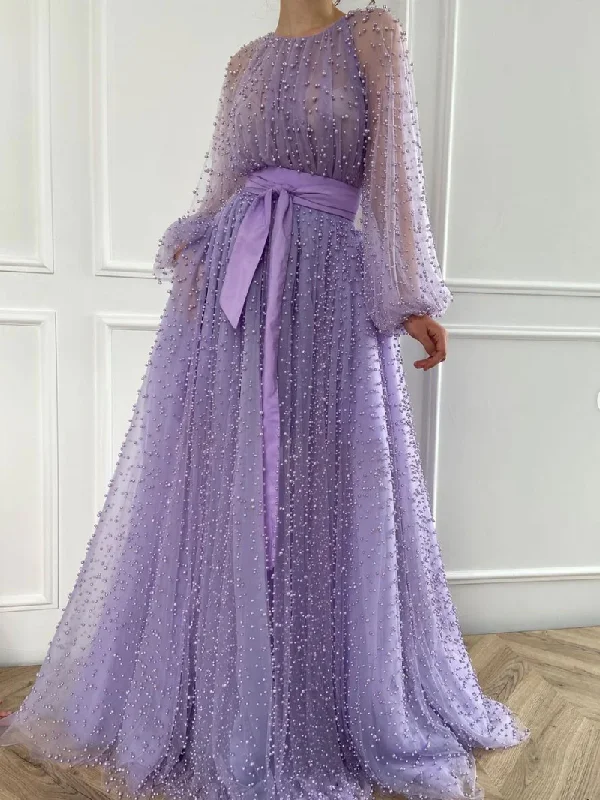 Asymmetric DressPurple round neck tulle beaded long ball gown, purple evening dress gh2150