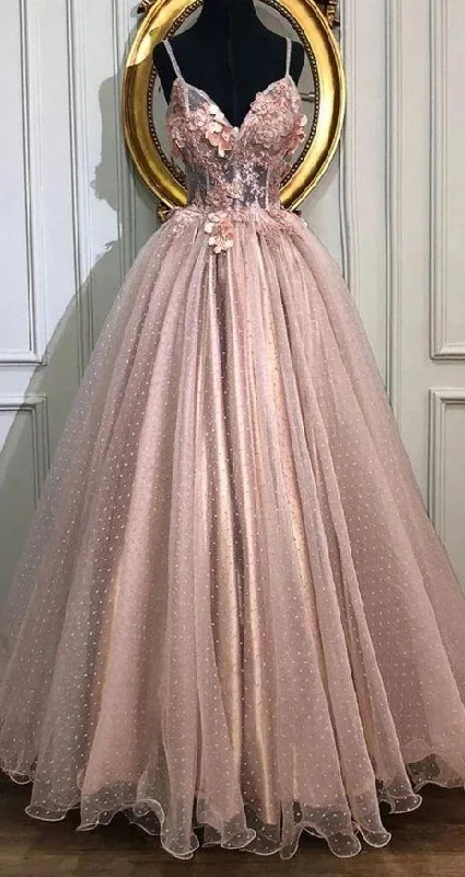 Casual Chic DressA-line V-Neck Tulle Long Prom Dresses, Pearl Pink Appliques Formal Evening Dress gh2126