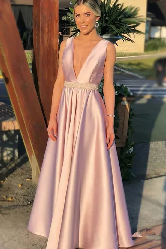 women's casual dressesFashion A Line Deep V Neck Pink Beaded Open Back Prom Dresses Evening Formal Dress gh2269