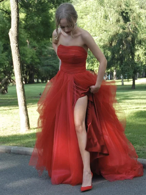 women's breathable dressesStrapless Red Tulle Long Prom Dresses, Red Tulle Long Formal Evening Dresses gh2548