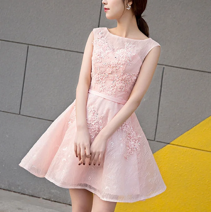 Peplum Hem DressCute pink lace short prom dress,pink evening dress,homecoming dresses  7109