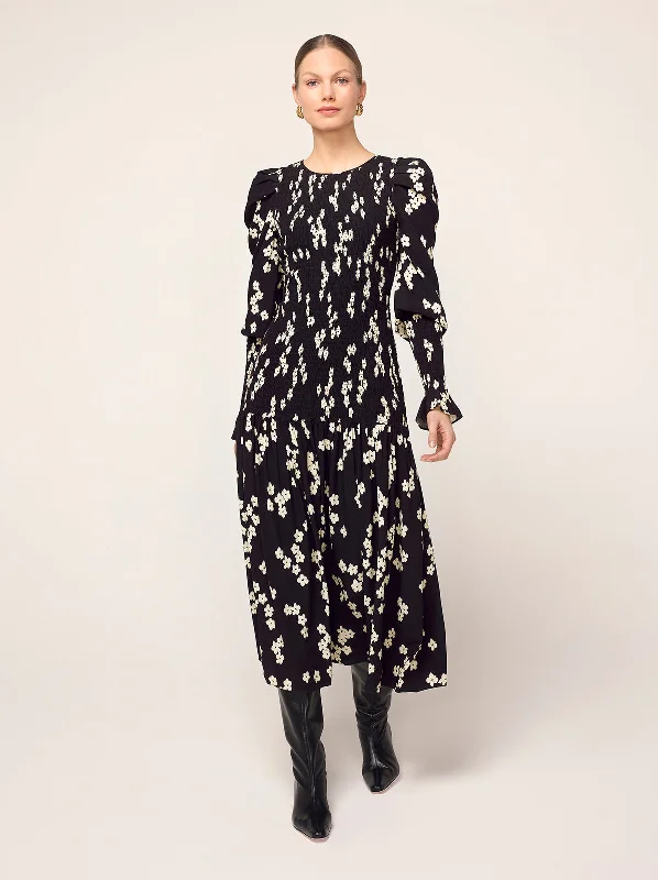 Ball Gown DressWren Black Blurred Floral Shirred Midi Dress