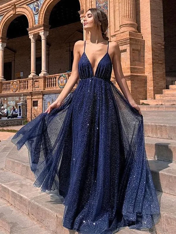 women's party dressesA Line V Neck Backless Blue Prom Dresses, V Neck Blue Backless Formal Graduation Evening Dresses  gh2090