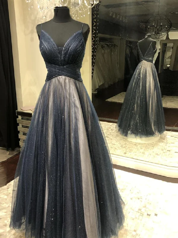 women's shift dressesDark Navy Blue Tulle Long Prom Dresses, Backless Dark Blue Long Formal Evening Dresses  gh2265