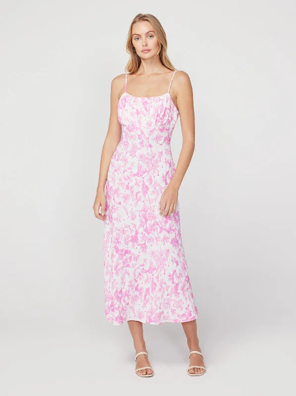 women's silk dressesVelma Pink Pansy Print Midi Dress