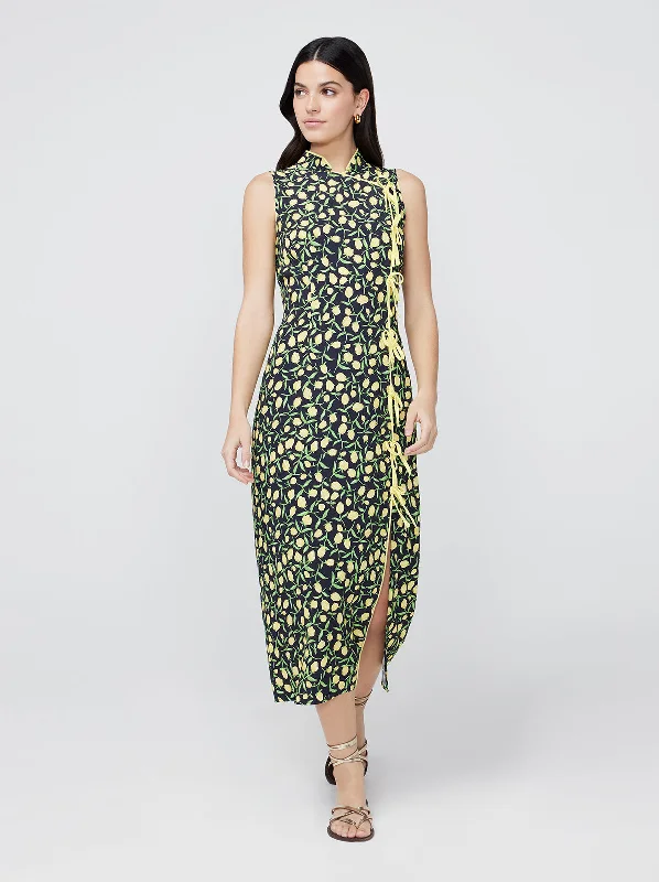 women's sleeveless dressesVirginia Yellow Tulip Print Midi Dress