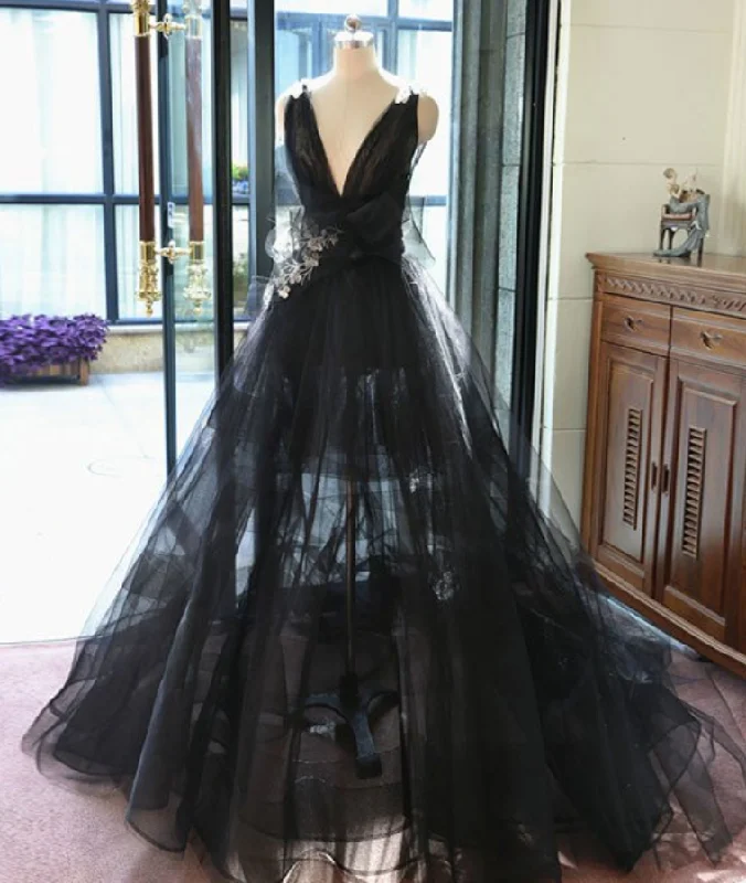 Pastel DressCharming Prom Dress,Black Deep V Neck Tulle Evening Dress,Ball Gown Evening Dresses,Backless Formal Evening Gowns gh2303