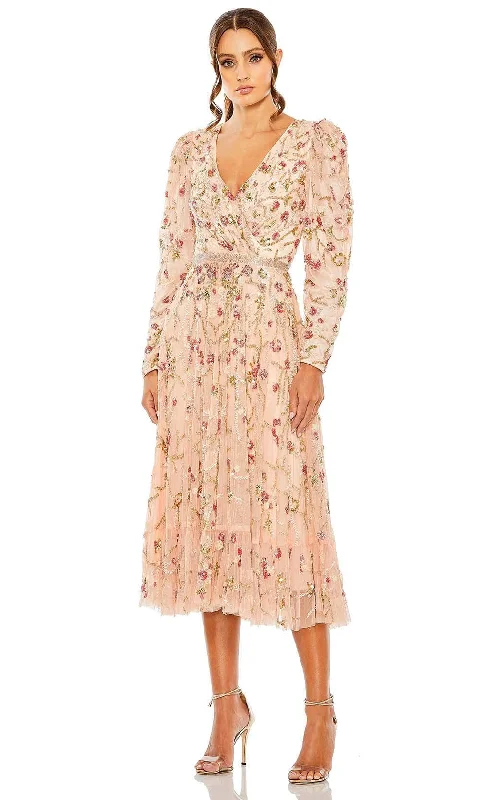 women's bespoke dressesMac Duggal 5580 - Puff Sleeve Floral Beaded Midi Dress