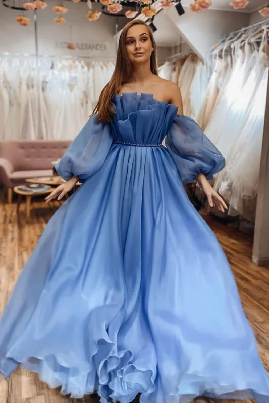 Evening DressStrapless Blue Tulle Long Prom Dresses with Belt, Long Blue Formal Dresses, Blue Evening Dresses  gh2360