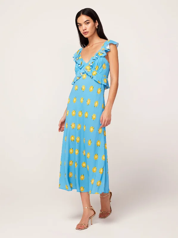 Designer DressRosemary Blue Sunflower Print Midi Dress