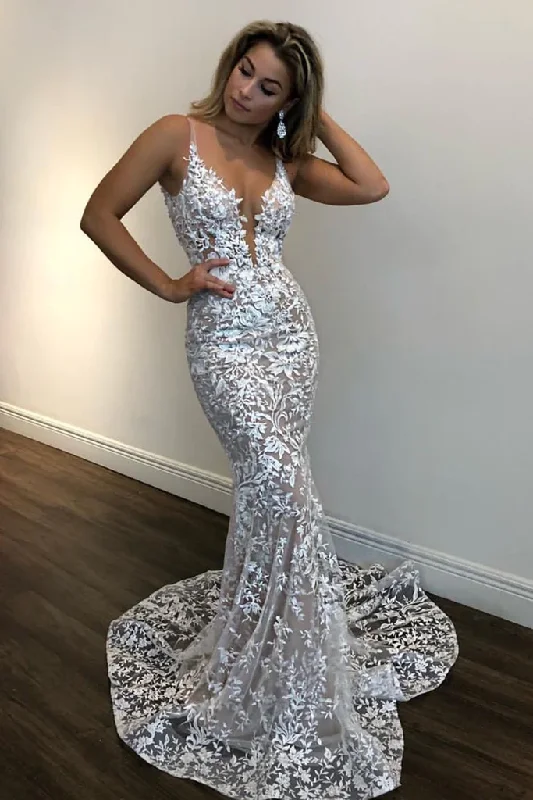 women's bow dressesDeep V Neck Mermaid Champagne Lace Prom Dress, Mermaid Champagne Formal Dress, Champagne Lace Evening Dress gh2244