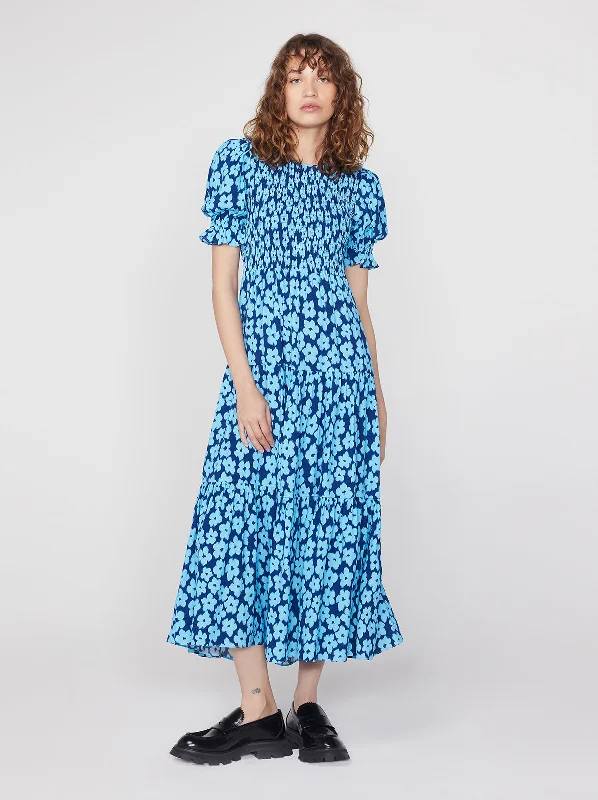 women's boho dressesPersephone Blue Blurred Floral Midi Dress