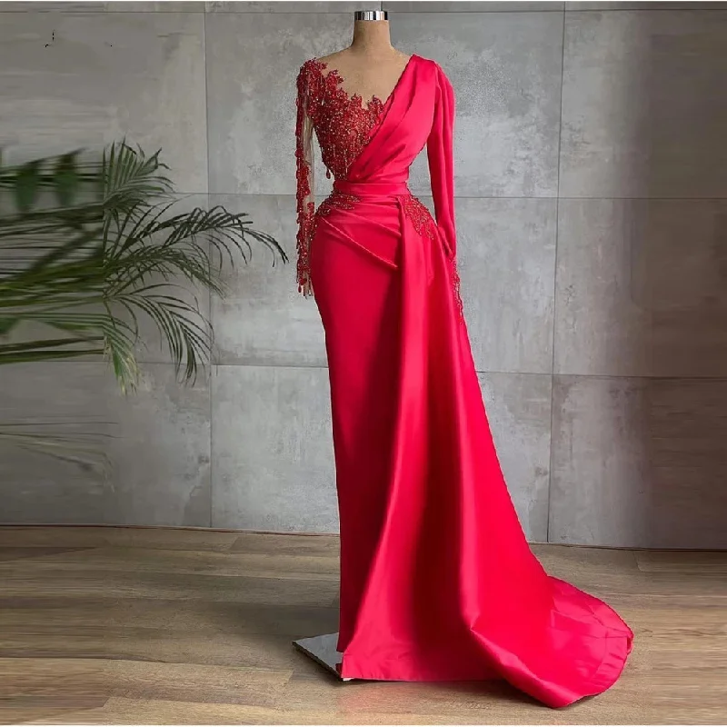 Floor-Length DressGlamorous Red Satin Dubai Evening Dresses Long Sleeves Sheer Neck Beads 2024 Prom Gowns Celebrity Formal Dress  gh2202