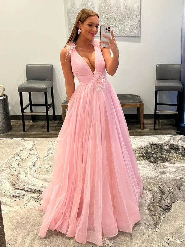 A-Line DressV Neck and V Back Pink Tulle Long Prom Dresses, V Neck Pink Formal Graduation Evening Dresses  gh2518