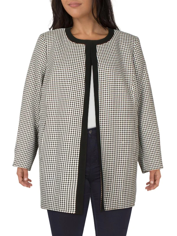 Plus Womens Woven Houndstooth Open Front