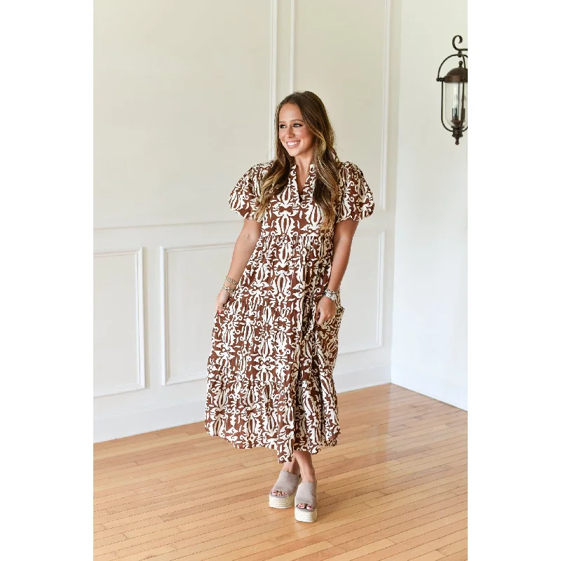 women's retro dressesLillian Brown and White Tiered Print Maxi Dress