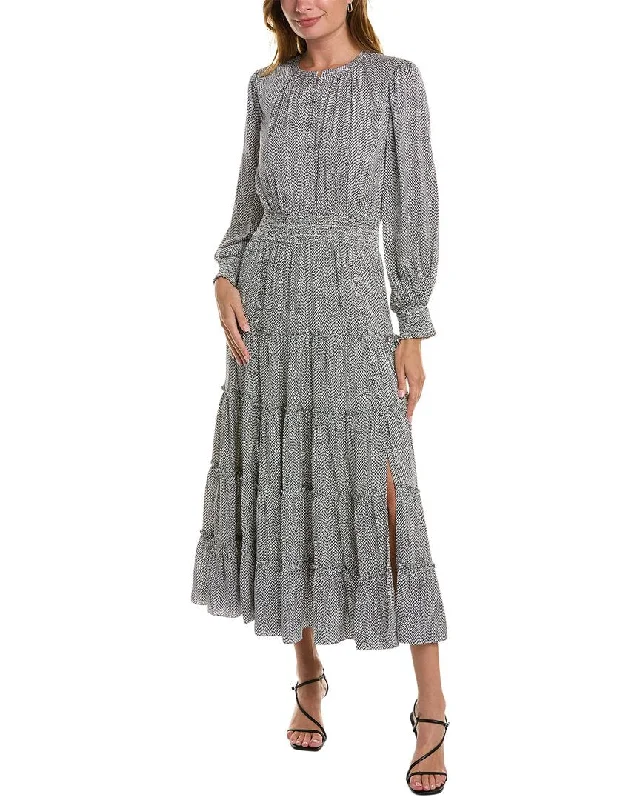 women's statement dressesElie Tahari Smocked Silk-Blend Maxi Dress