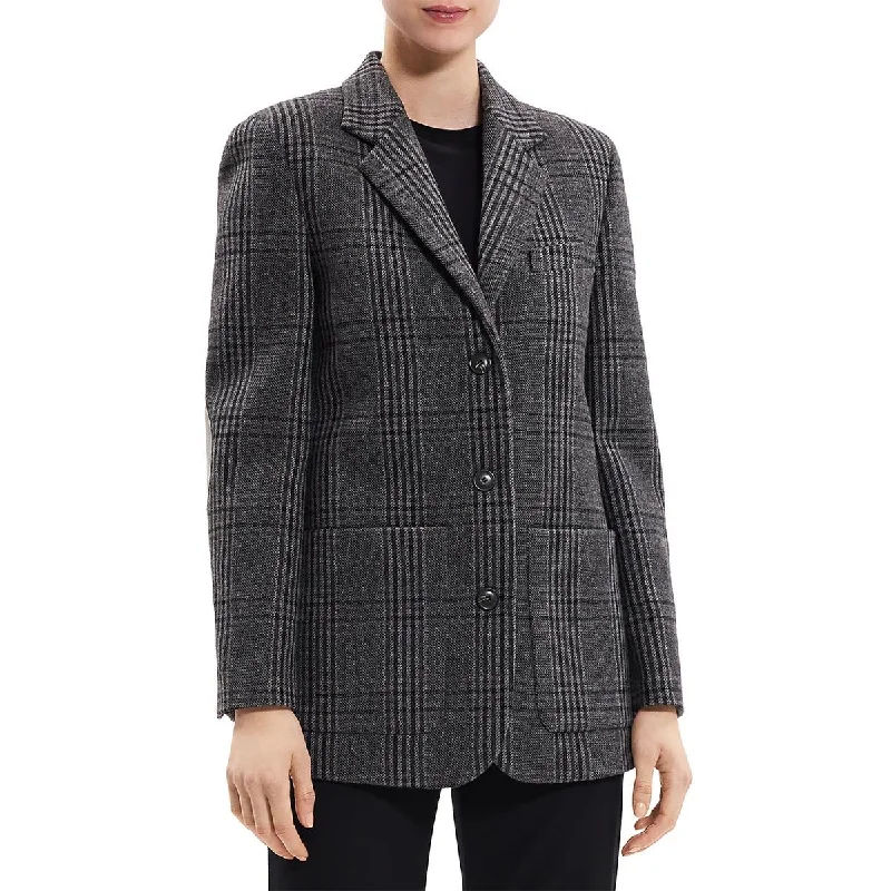 Womens Plaid Padded Shoulder Double-Breasted Blazer