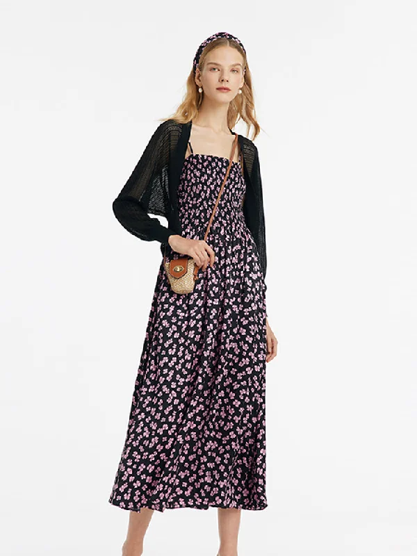 Bowknot Print Spaghetti Strap Maxi Dress And Knitted Cardigan Two-Piece Set With Scrunchie