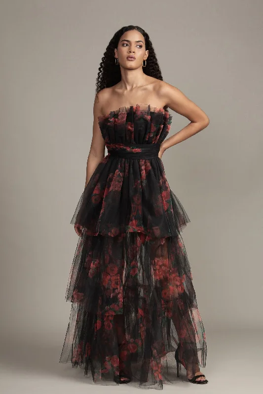 High-Low DressNatalia Tulle Maxi Dress in Black and Red Floral