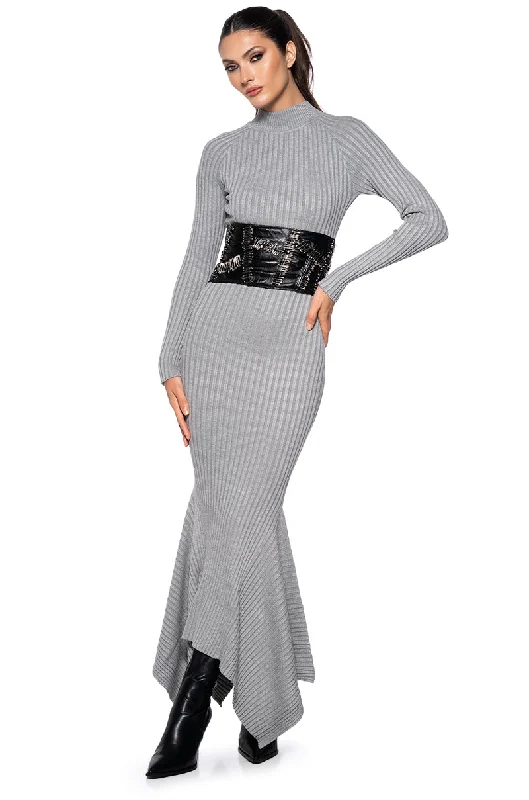 women's evening dressesFORGET ME NOT LONG SLEEVE MOCK NECK MAXI DRESS IN HEATHER GREY