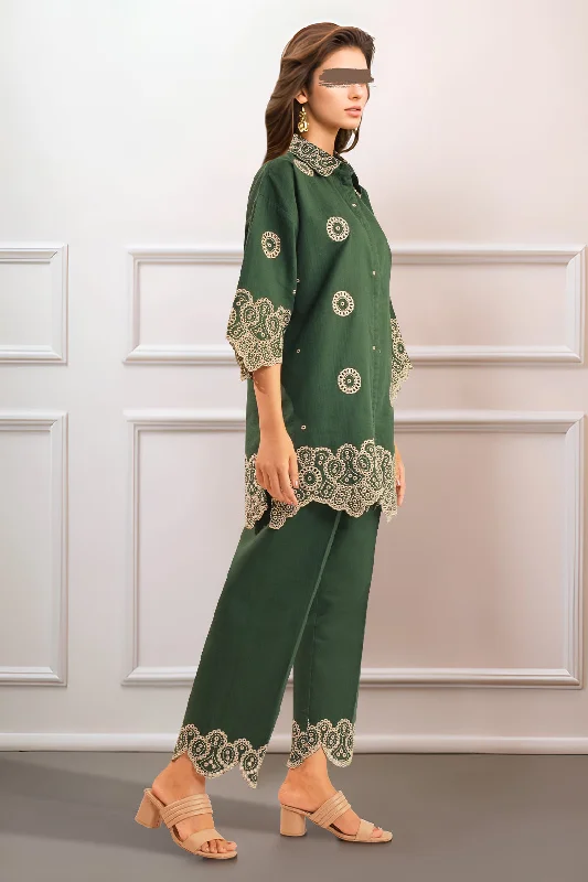 Solid Embroidered Cotton Stitched 2 Piece (Shirt/Trouser)