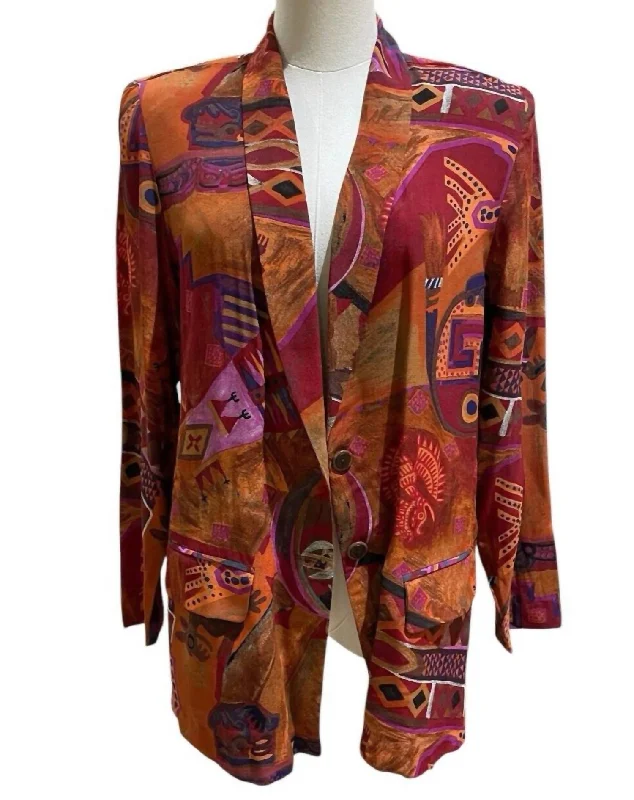 Abstract Print Long Sleeve Blazer In Multicolor