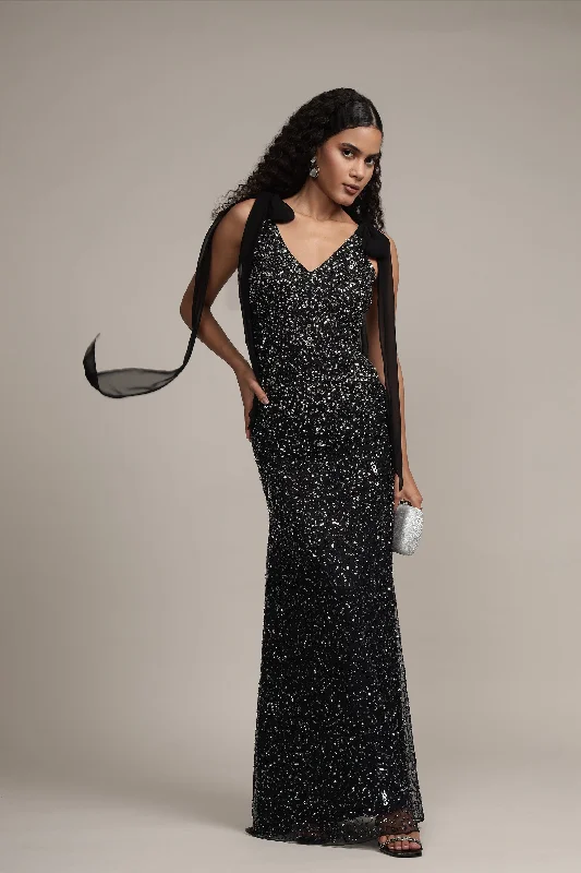 women's metallic dressesDream Embellished Maxi Dress in Black