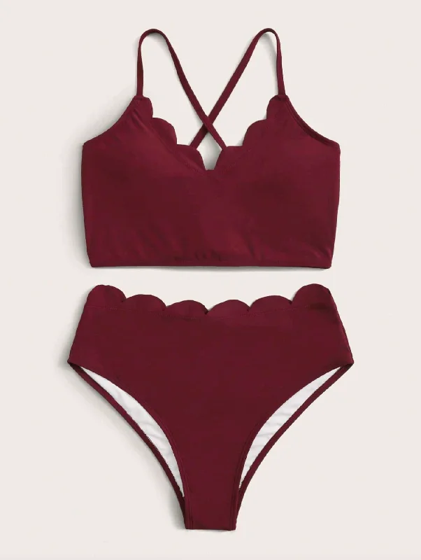 Sports Female SwimwearBurgundy Scallop Trim Criss Cross Bikini