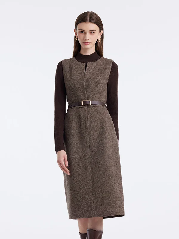 Washable Wool Vest Dress And Knitted Sweater Two-Piece Set With Belt