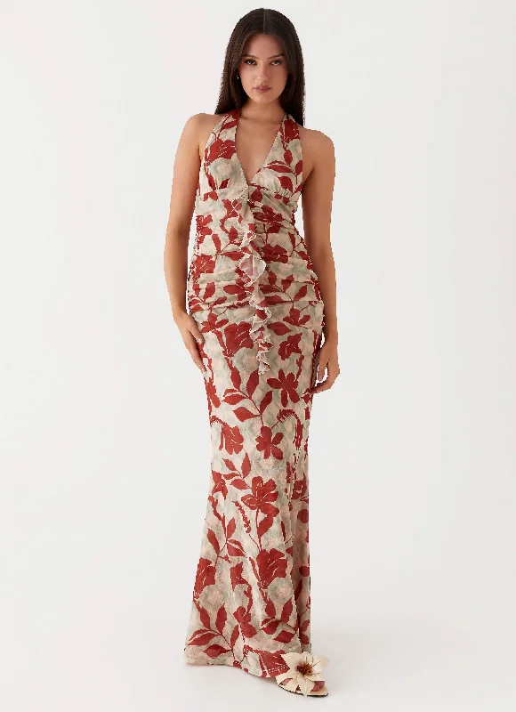 women's mother of the bride dressesArdenia Halter Maxi Dress - Red Green Floral