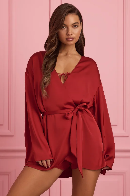 Embellished Wrap-Over Robe in Ruby Red