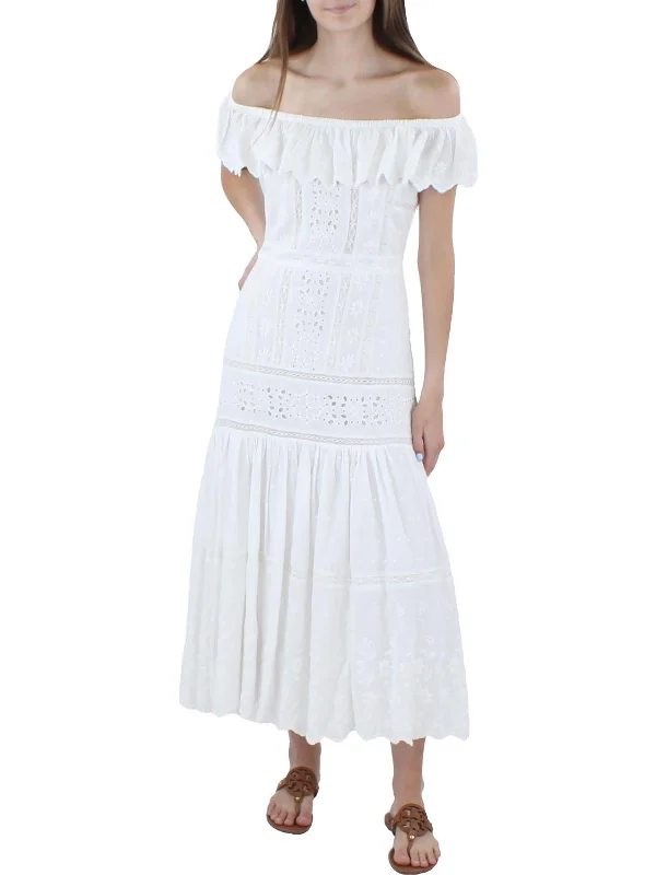 women's flowy dressesWomens Off-The-Shoulder Eyelet Maxi Dress