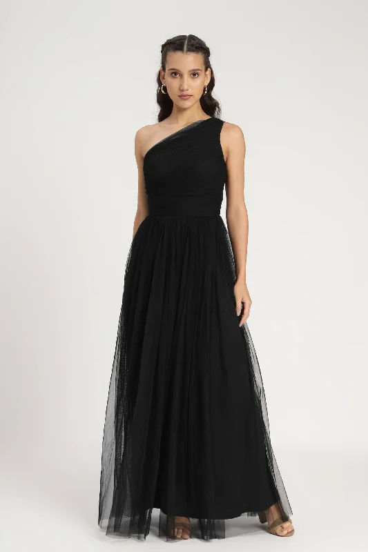 Fit-And-Flare DressOne Shoulder Maxi Dress in Black