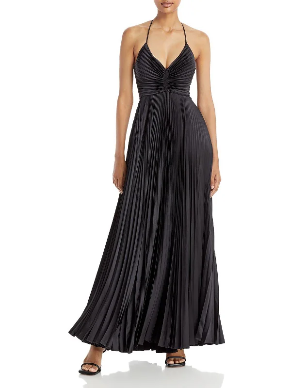 women's solid color dressesWomens Pleated Open-back Maxi Dress