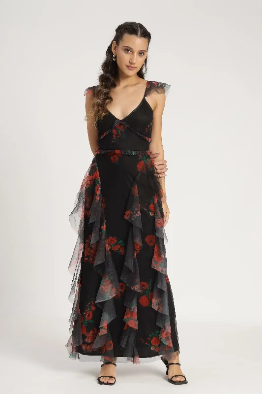 Short-Sleeve DressMalin Maxi Dress in Black and Red Floral