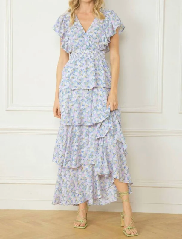 Fit-And-Flare DressV-Neck Tiered Maxi Dress In Blue Floral Print