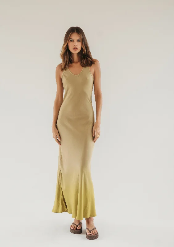 women's off-the-shoulder dressesDELLA BIAS MAXI DRESS - CURRY/ OLIVE OIL