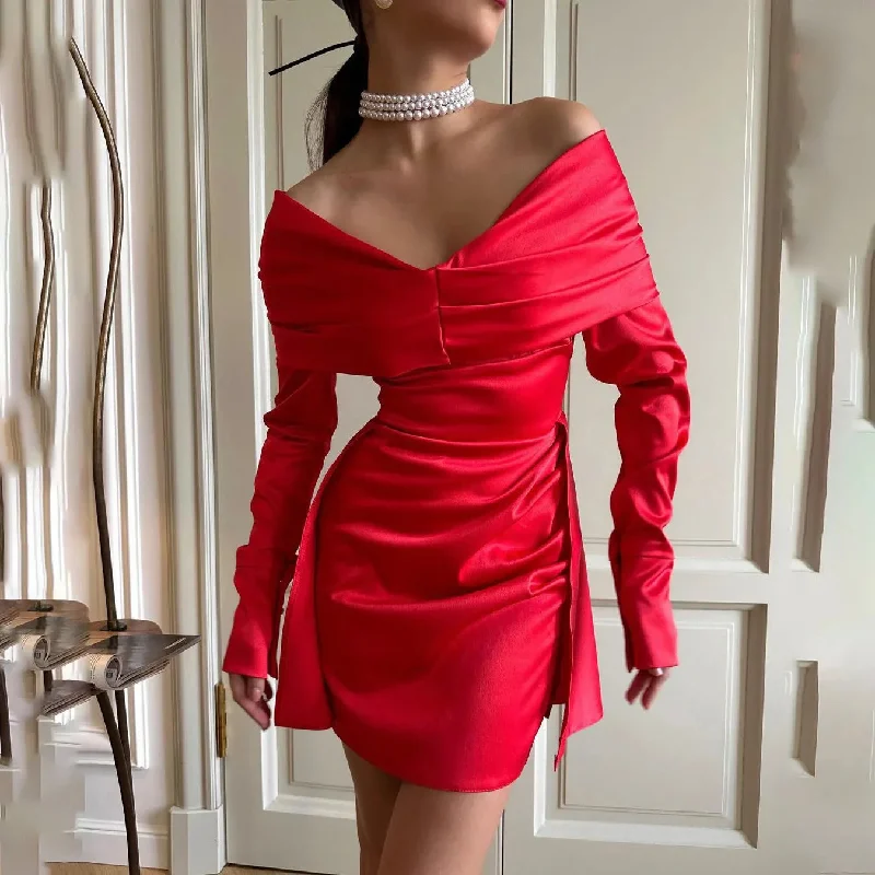 women's A-line dressesElegant Off Shoulder Slim Mini Red Dress for Christmas Party