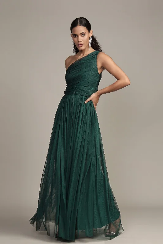 Ribbon DressOne Shoulder Maxi Dress in Emerald Green